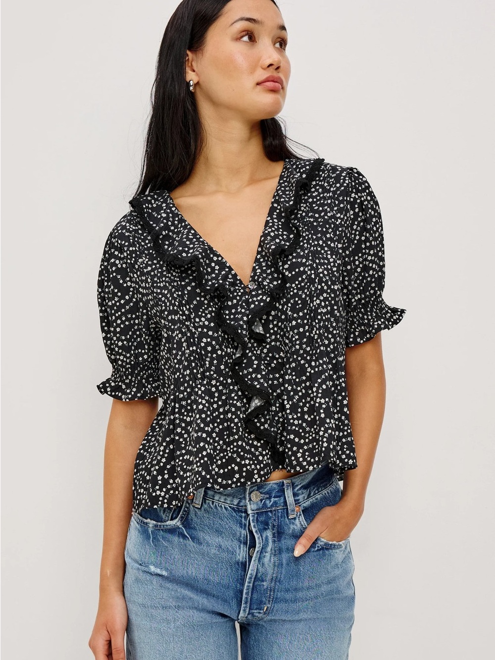 Rails black and white floral Bloom ruffle blouse